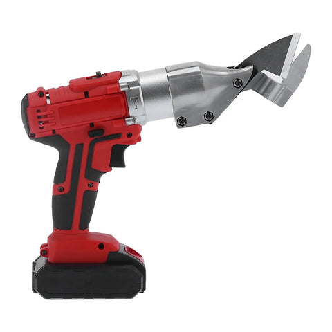 Garosa Cordless Electric Metal Shears With Chrome Steel Blade Led Lighting And 2 Speed Gear For Cutting Iron Sheets Steel Net Carpet And Paper Us Plug Heavy Duty Portable Power Tool side view with red and silver design.