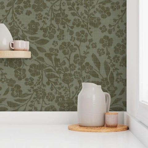Cozy Cottage Botanical Peel And Stick Wallpaper Removable Linen Texture Accent Wallcovering Renter Friendly DIY Room Refresh.