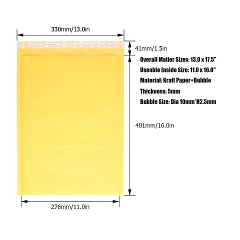 Kraft Bubble Mailers 11 By 16 Inch 25 Pack Padded Envelopes With Self Seal Peel And Seal, water resistant, showing dimensions and material.