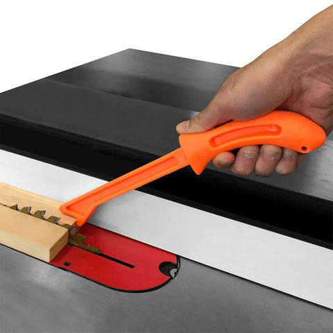 Table Saw Push Stick With Ergonomic Handle Pro Grade Safety Push Block For Carpentry And Woodworking Keeps Your Hands Back From The Blade For Better Control And Safer Cuts Bright Orange in use on table saw