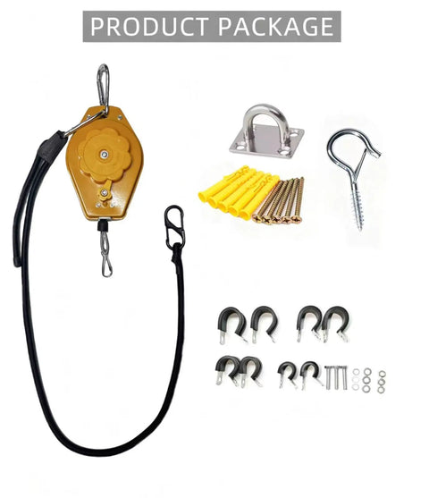 Overhead EV Charging Cord Reel For Home Garages With 6.6 Ft Reach package contents showing reel, hooks, anchors, and screws.