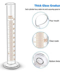 Five Piece Glass Graduated Measuring Cylinder Set for Lab Chemistry 5ml 10ml 25ml 50ml 100ml Borosilicate Glass with 2mm Walls for Heat and Alcohol Resistance Clear Readout and Pro Grade Durable Lab Gear showing a 100ml cylinder with clear scale, pour mouth, and bottom thickening.