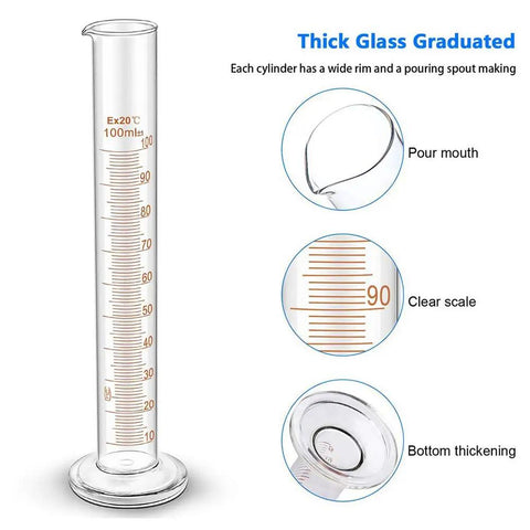 Five Piece Glass Graduated Measuring Cylinder Set for Lab Chemistry 5ml 10ml 25ml 50ml 100ml Borosilicate Glass with 2mm Walls for Heat and Alcohol Resistance Clear Readout and Pro Grade Durable Lab Gear showing a 100ml cylinder with clear scale, pour mouth, and bottom thickening.