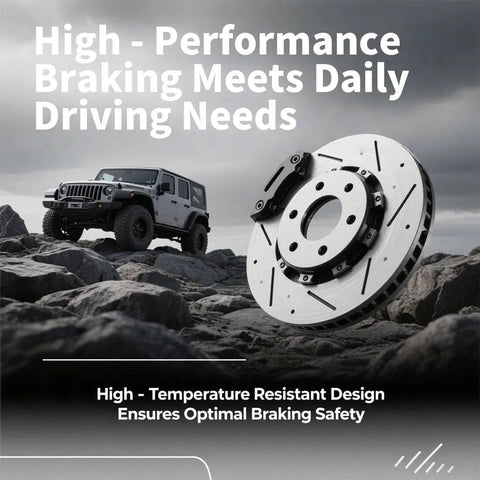 Brake disc with high-performance braking design for daily driving, shown on rocky terrain with parked SUV in background.