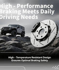 High-performance brake rotor with vehicle in rocky terrain background