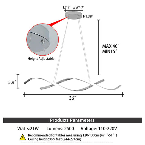 Diagram of Dimmable Black Chandelier For Dining Room, Adjustable Pendant Light Fixture Over Table, 36 Inch Length, 21W
