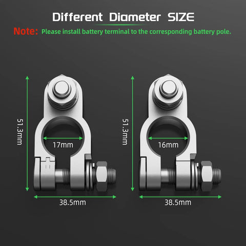 Heavy Duty Copper Battery Terminal Connectors Kit With 2 Gauge 3 8 Inch Positive Negative Lugs showing different sizes and dimensions.