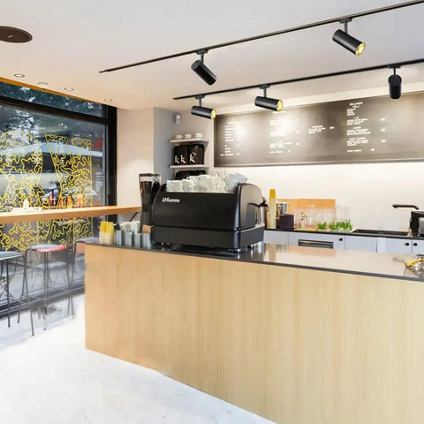 Lit 12W RGBW Track Light Heads With 16 Color Options And Independent Warm White Chip H Style Track Lighting in cafe