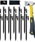 Heavy Duty Tent Stakes Kit With Hammer And Pouch, 12-Pack 10-Inch Forged Steel Stakes For Rocky Ground, camping gear displayed