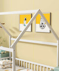 Floor Bed With Roof Frame And Safety Guardrails In White Rubber Wood for playful kids rooms, showing open access loft design