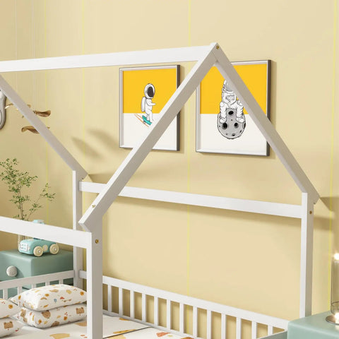 Floor Bed With Roof Frame And Safety Guardrails In White Rubber Wood for playful kids rooms, showing open access loft design