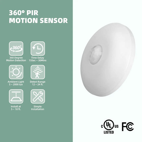 Real Deal Hardwired Pir Ceiling Motion Sensor Switch With 360 Degree Sweep And Auto Light Controls, white dome shape with sensor.
