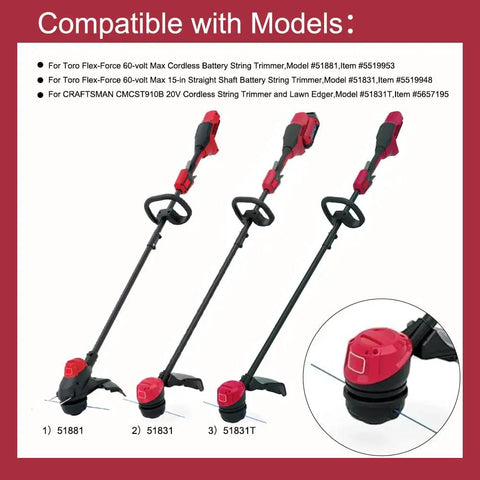 Image showing Toro FlexForce 60V trimmers compatible with 0.080-Inch 30-Foot Spooled Trimmer Line Heavy-Duty Replacement for models 51831, 51831T, 51881.