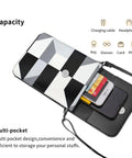Super Chic Black And White Piano Grid Phone Pouch With Adjustable Crossbody Strap showing pockets for phone and cards.