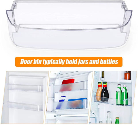Fridge Door Shelf Bin Replacement For Whirlpool Parts W10710203 WPW10710203VP W10463668 W10451871 shown with storage examples