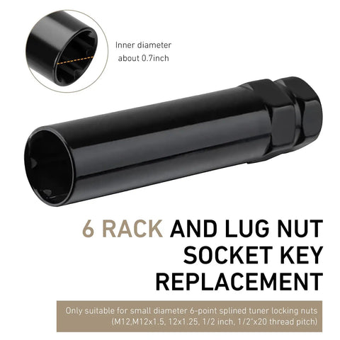Six Spline Lug Nut Socket Kit With Three Quarters Inch And Thirteen Sixteenths Inch Hex, Heavy Duty CR-V Alloy, Black