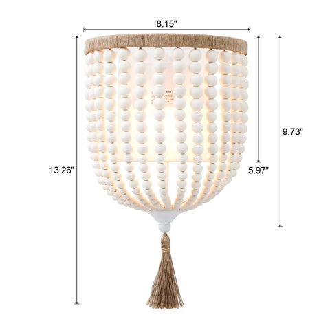 Bohemian Wood Beaded Wall Sconces Two Pack White Finish Rustic Bedside Lighting Fixture dimensions display