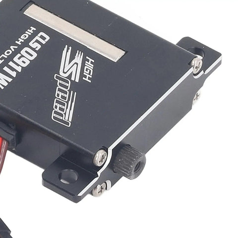 Heavy Duty Digital Servo Motor With High Metal Gears For RC Drone Smart Car And Robotics Kits Built Tough As Nails Using Solid Aluminum Alloy close-up view from above, showing detailed metal casing and components.