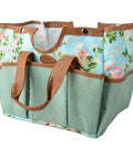 Grab And Go Garden Tool Storage Stool With Detachable Bag And Multiple Pockets Portable Weeding Seat Floral Rose Pattern Rugged Canvas And Jute Build For Easy Outdoor Cleanup