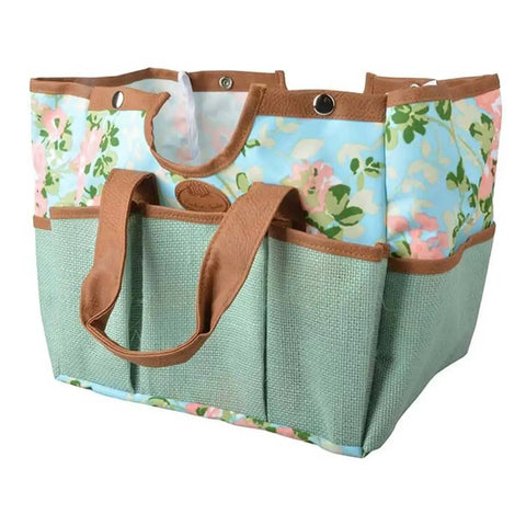 Grab And Go Garden Tool Storage Stool With Detachable Bag And Multiple Pockets Portable Weeding Seat Floral Rose Pattern Rugged Canvas And Jute Build For Easy Outdoor Cleanup