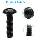 Close-up of M5 X 16mm hex socket button head cap screw in black oxide from alloy steel, detail views showing thread and socket.