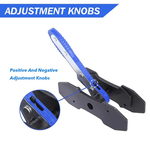 Brake Caliper Press Tool With 360 Degree Swing Ratchet Piston Spreader And 2 Extra Steel Plates, tool with blue handle and adjustment knobs