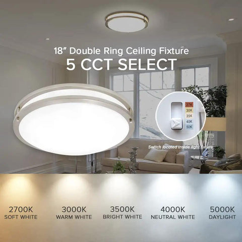18 Inch LED Flush Mount Ceiling Light In Satin Nickel, Round Fixture, 2000 Lumens, Color Temperature Selectable 2700K To 5000K, Dimmable Dual Ring Design, Easy Switch Under Lens, Ideal For Kitchen, Living Room, Or Bedroom
