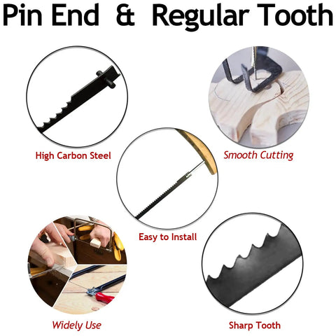 Pin End & Regular Tooth details of Badass Precision 3 Inch Pin End Scroll Saw Blades 45 Pack for wood cutting.