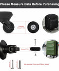 Set Of 8 Luggage Replacement Wheels With 50mm Rubber Swivel Casters For Suitcases And Travel Trolleys shown with dimensions and axles