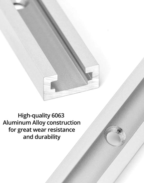 Close-up of Aluminum T Track 36 Inch 4 Pack Universal Double Cut Profile With Predrilled Holes and screws visible