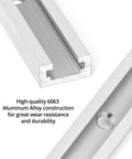 Close-up of Aluminum T Track Kit 8 Pack 48 Inch Universal Double Cut Profile with predrilled holes, showing 6063 aluminum construction.