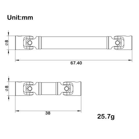 Tough As Nails Stainless Steel Driveshaft And Universal Joint Upgrade For Redcat Ascent 18 Apex one eighth scale drawing with measurements.