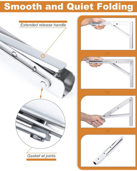 20 Inch Foldable Shelf Brackets For DIY Tables And Shelves Heavy Duty Stainless Steel 300 Lbs Per Pair Rust Proof Collapsible Brackets Built For Indoor And Outdoor Use with smooth folding mechanism and extended release handle close-up.