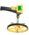 Kickass Digital Measuring Wheel With Foldable Frame And Crisp Backlit Screen For Fast Lot Measurements And Parking Lot Layouts Up to 99999 Feet showing yellow wheel and digital display.