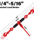 Ratcheting Chain Binders With Grab Hooks 1/4-5/16 Inch, 2,200 LBS Working Load, red with dimensions, close-up