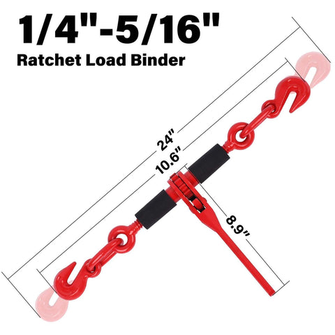 Ratcheting Chain Binders With Grab Hooks 1/4-5/16 Inch, 2,200 LBS Working Load, red with dimensions, close-up