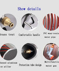 Close-up details of Top Shelf Retractable Hose Cart Rock Solid Stainless Steel Reel with brass teats and PVC hose.