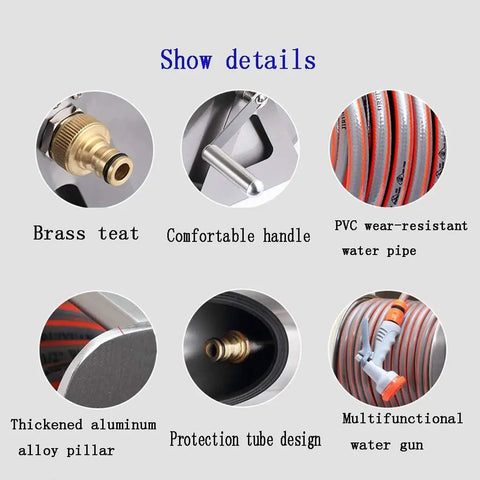 Close-up details of Top Shelf Retractable Hose Cart Rock Solid Stainless Steel Reel with brass teats and PVC hose.