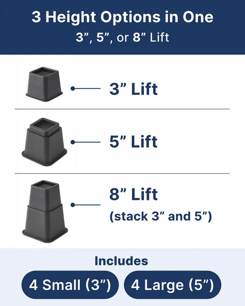 Diagram showing Durable Bed Risers For Dorm Rooms With 3 And 5 Inch Heights, Stackable To 8 Inches in small and large options.