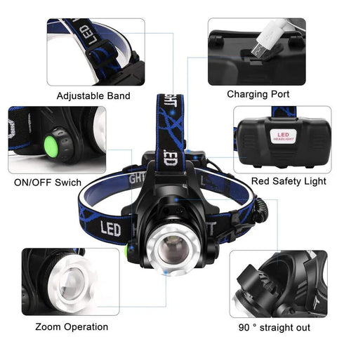 Beast Mode Ultra Bright USB Rechargeable Headlamp with Zoomable Beam IPX4 Waterproof showing adjustable band and charging port.