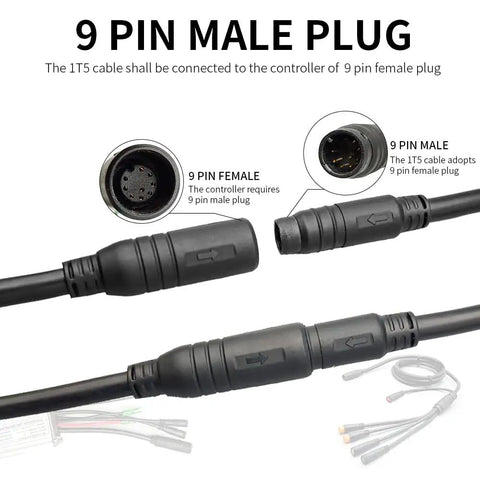Waterproof 9 Pin Electric Bike Cable Kit For 1T5 And 1T4 Controllers with 9 pin male and female plug connectors.
