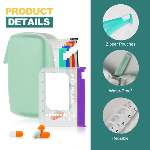 Waterproof A7 Pill Organizer Kit With 7 Large Zipper Pouches For A7 Binder BPA Free Weekly Medicine Storage Color Coded Travel Organizer Reusable And Privacy Friendly Pill Case For Grab And Go with colorful pouches, medicine tablets, and detailed features shown.