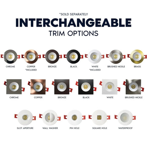 Interchangeable trim options for Super Sleek Two Inch Canless Led Recessed Lighting, showcasing various finishes including copper.