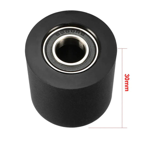 High Quality Slick Roller Idler Bearing Pulley Engineered For Zero Grind Smooth Ride Sliding Conveyor Wheel For Flat Belt Machinery With Low Noise black polyurethane wheel with 10MM bore and 30MM thickness.