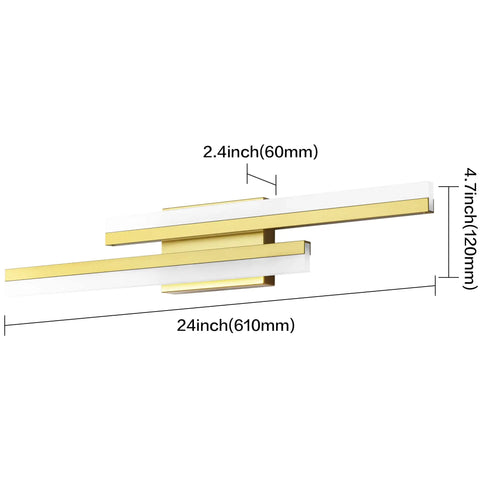 24 Inch LED Vanity Light Bar In Brushed Gold Finish For Modern Bathrooms Over Mirror With Shadow Free Illumination, dimensions shown
