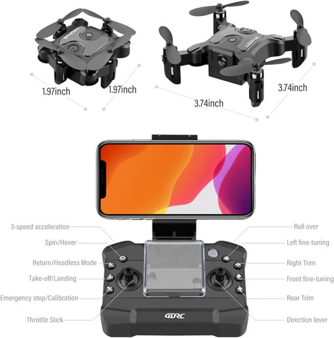 Dope Mini 4K Drone With Foldable Design, Six Axis Stabilization, FPV Ready, remote control and labeled features