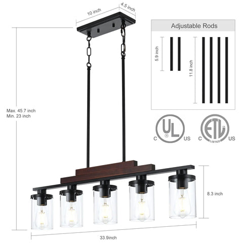 Five Light Farmhouse Dining Room Chandelier Over Table In Matte Black With Rustic Wood Accents And Clear Glass Shades, dimensions displayed