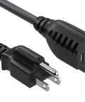 Two Foot Extension Power Cord NEMA 5 15P To NEMA 5 15R Three Prong 16 AWG Heavy Duty Black AC Cable connector ends close-up