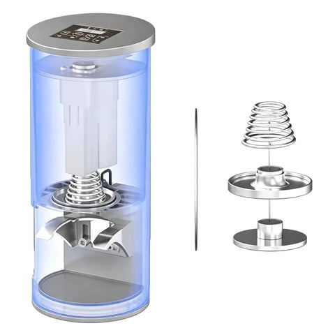 Top Shelf 58mm Electric Coffee Tamper With Knockout Durability And Quick Pressure Adjustment For No Sweat Espresso Extraction That Pops Out Professional Shots Straight To Your Home Setup. Close-up of components and mechanism in a clear container.