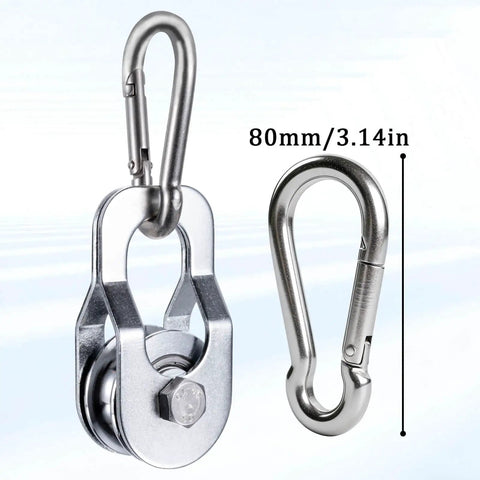 Heavy Duty Cable Snatch Pulley Block With 32 Ft Rope And Hook Dual Bearings Inside For Smooth Operation Chrome Plated Steel Construction 800Lb Lifting Capacity Rugged For Garage Attic Kayak Deer Hanging Gym Equipment 1 Pack, 80mm chrome carabiner